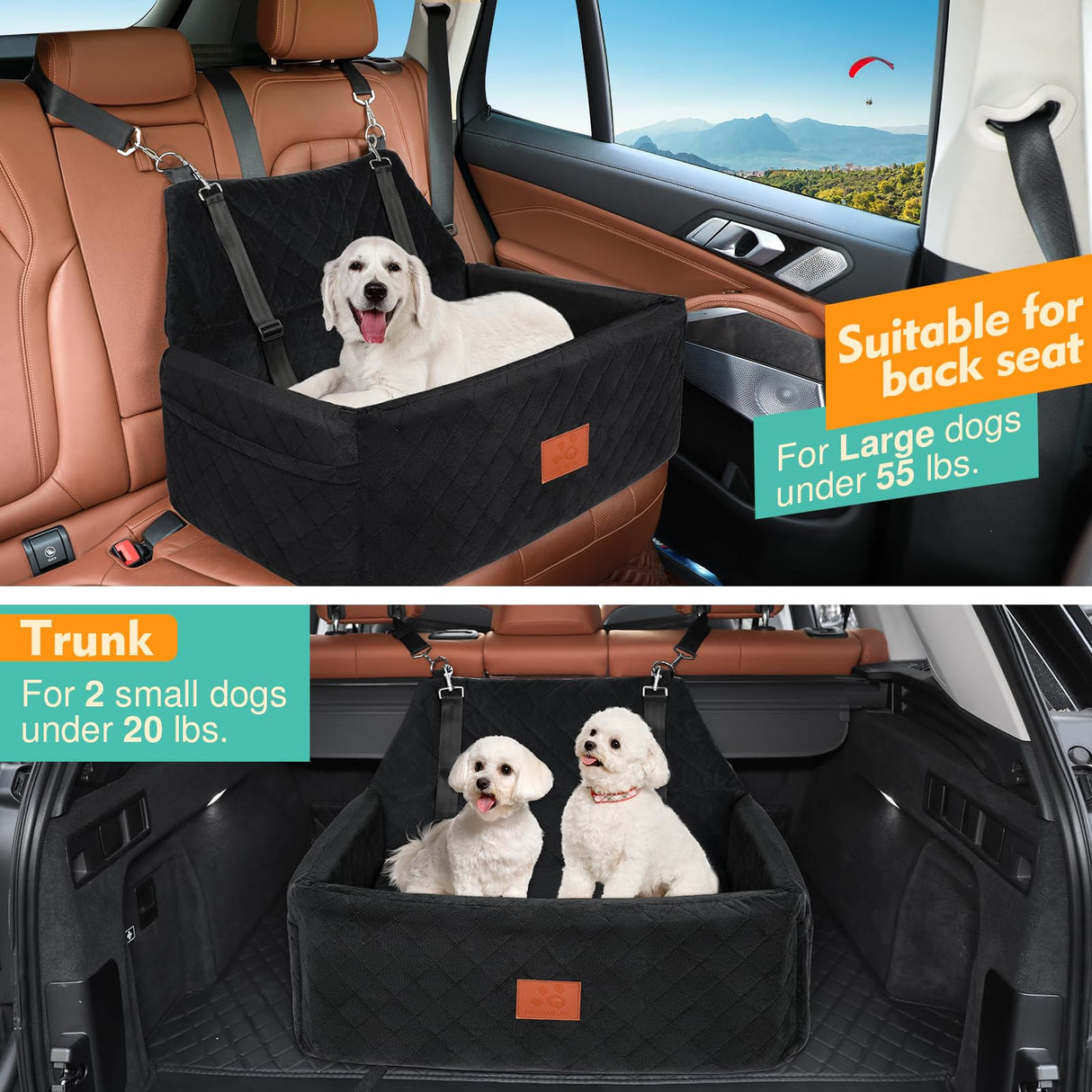 NEEZUKAR Dog Car Seat for Large Medium Dogs,Portable Washable Pet Car Seat Under 55 lbs,Dog Booster Seat with Thick Cushion,2 Safety Leashes Travel Car Dog Bed