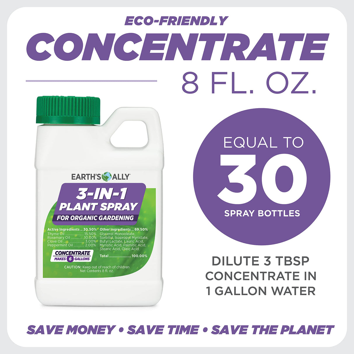 Earth's Ally 3-in-1 Plant Spray Concentrate | Insecticide, Fungicide & Spider Mite Control, Use on Indoor and Outdoor Plants, Gardens & Trees - Insect & Pest Repellent, 8oz, Super Concentrate