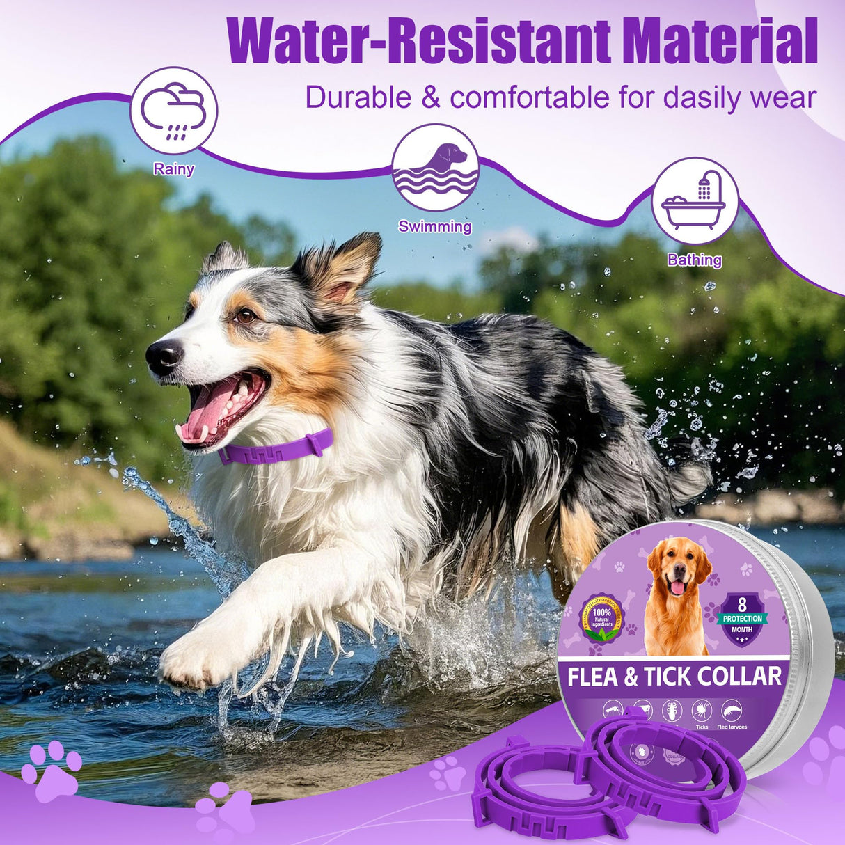 4 Pack Flea Collar for Dogs, Adjustable Flea & Tick Prevention Collars with Comb for Small Medium and Large Dog, Waterproof Flea Control Collar Safe for All Breeds, 25 inch