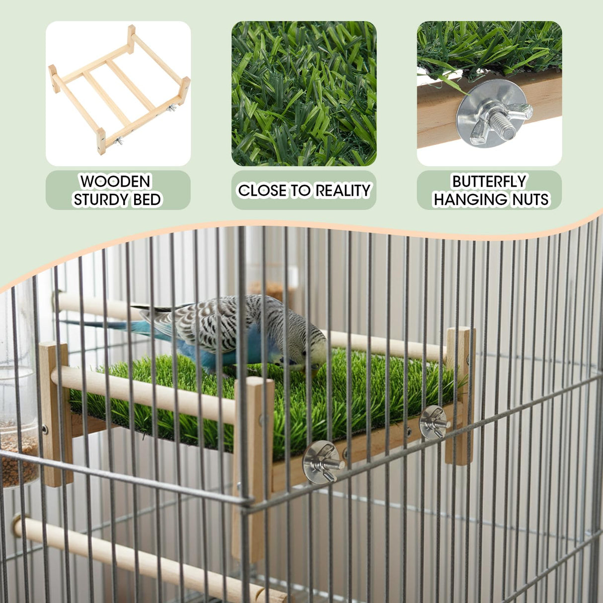 AceOrbit Bird Foraging Bed with Grass Mat 9.06 x 7.87 x 3.94 Inch Parrot Foraging Toy Hammock Bed Wood Frame Easy Install with Hardware Kit for Small Birds Cage Enrichment