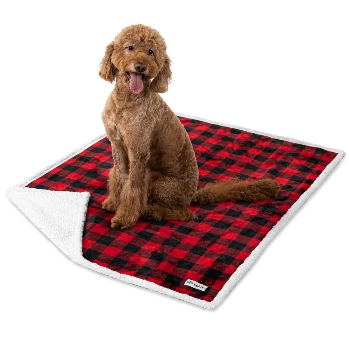 PetAmi Waterproof Dog Blanket for Medium Large XL Dog Puppy Cat Throw for Couch Cover Leakproof Protection, Sherpa Fleece, Reversible Soft Washable 80x60 Checker Plaid Red