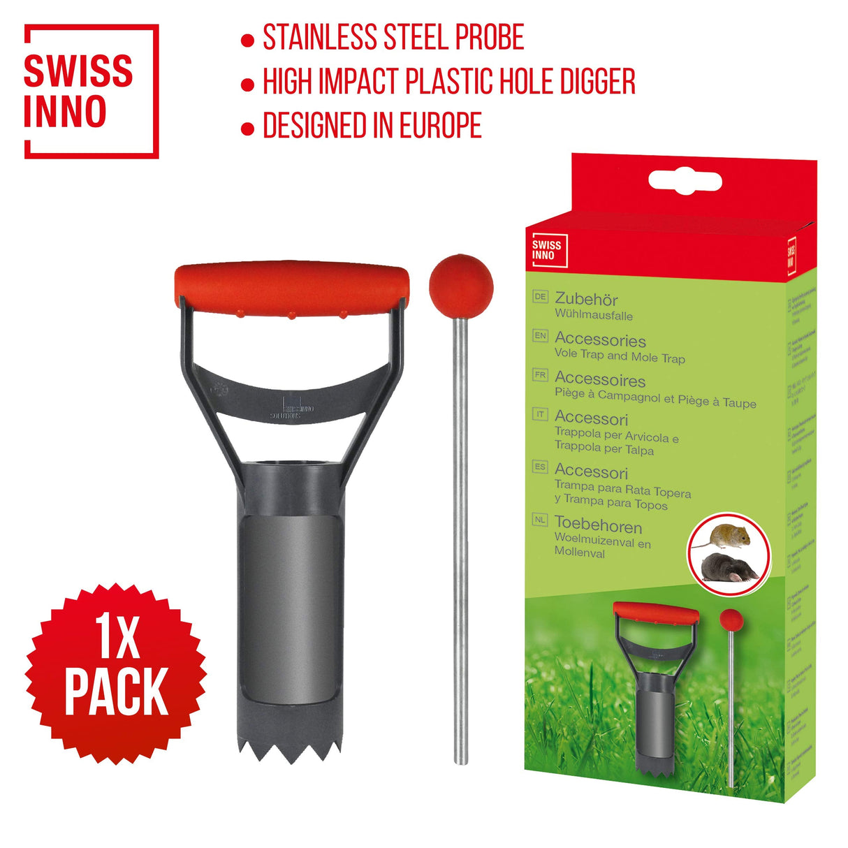 SWISSINNO Install Kit for Mole and Gopher Traps SuperCat. 25 cm Tunnel-locating Probe + Serrated-Edge Cutter for 6 cm Dia. Hole. European Design, Easy to Use, Safe and Reusable. 2-Piece Set x 1