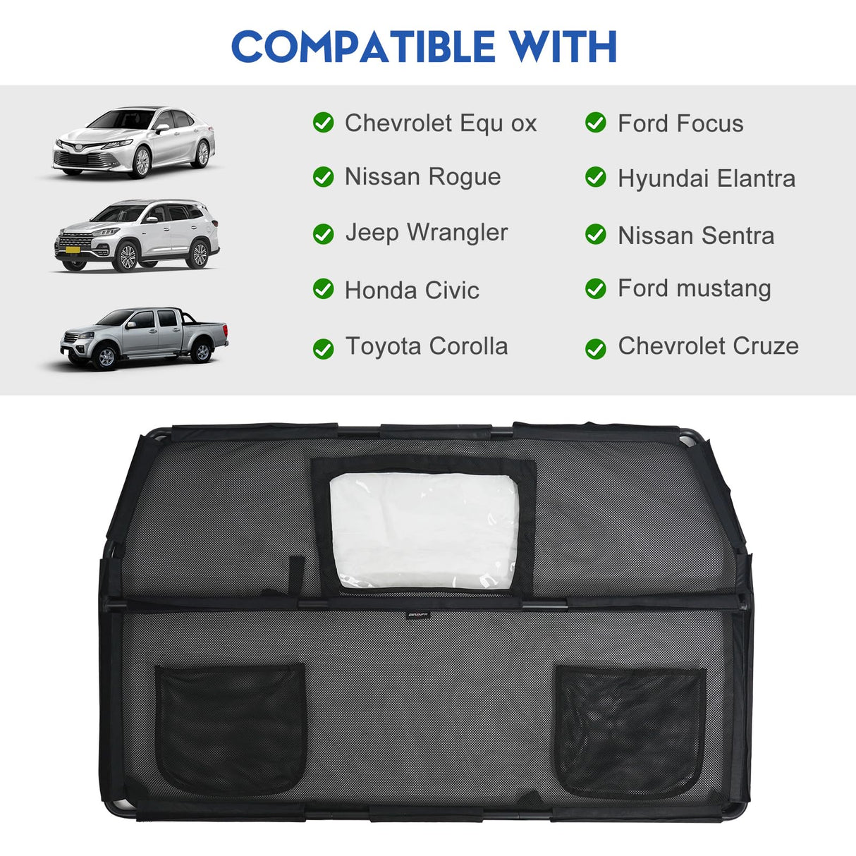 GEVINFA 52" Dog Car Barrier for SUV, Wide Escape-Proof & Chew-Proof Dog Car Divider with Removable Visual Window & 2 Storage Pockets, Pet Net Gate for Behind Front Seats, Fits Sedans Cars Trucks