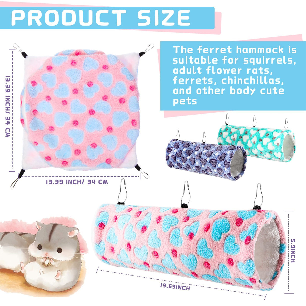 Sweetude 6 Pcs Rat Hammock Set Ferret Hanging Tunnel 3 Tier Guinea Pig Hammocks Hideout Soft Chinchilla Bed for Cage Accessories Hide,Play and Sleep(Lovely,Heart)
