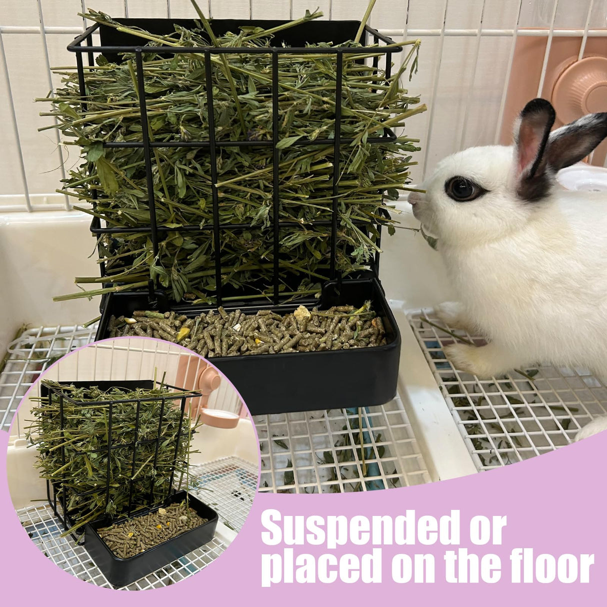 Rabbit Hay Feeder Guinea Pig Hay Feeder, Hay and Food Holder with Hook Heavy-Duty Metal Frame Hay Rack，for Bunny, Guinea Pigs,Chinchillas， Comes with Two Multifunctional Zippers-6.8x6.7x6.6inch