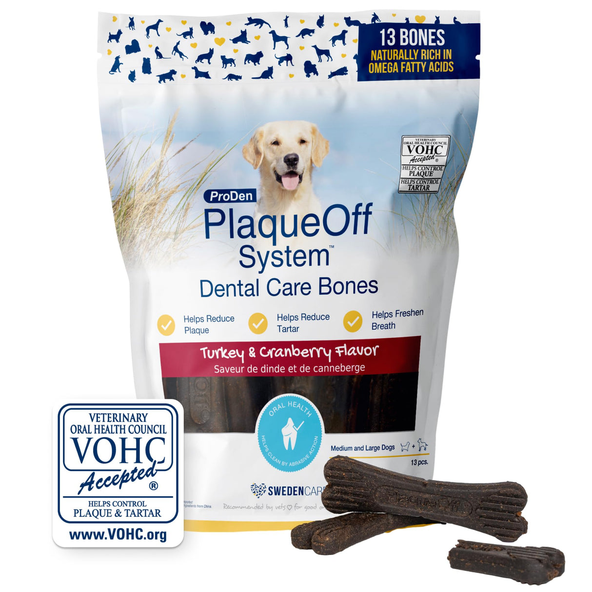 ProDen PlaqueOff System Dental Care Bones for Dogs - Dog Breath Freshener & Plaque Remover - Dog Teeth Cleaning for a Healthy Mouth - Turkey Cranberry Flavor - 17 oz