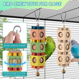 DBNESS 2Pcs Bird Chew Toys for Beak Grinding, Hanging Rotating Wood Block with Bell Parrot Foraging Enrichment Toy for Small to Medium Cocktiel, Conure, Caique