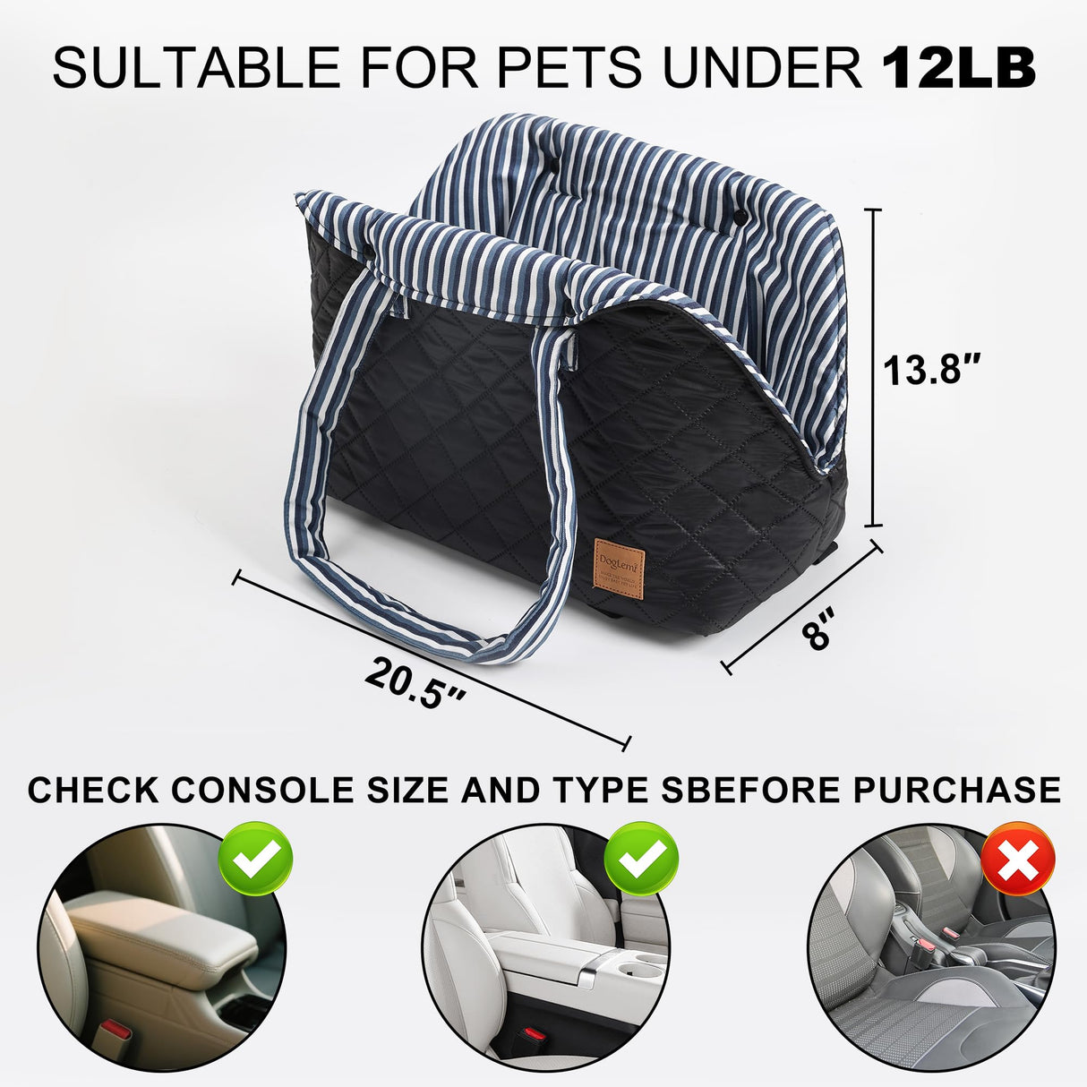 Small Dogs Under 12 lbs Adjustable Portable Center Console Car Seat, Built-in Bubble wrap, Fits Most Cars & SUVs with Convenient Handbag Functionality, Stylish Travel Pet Bag (Black)