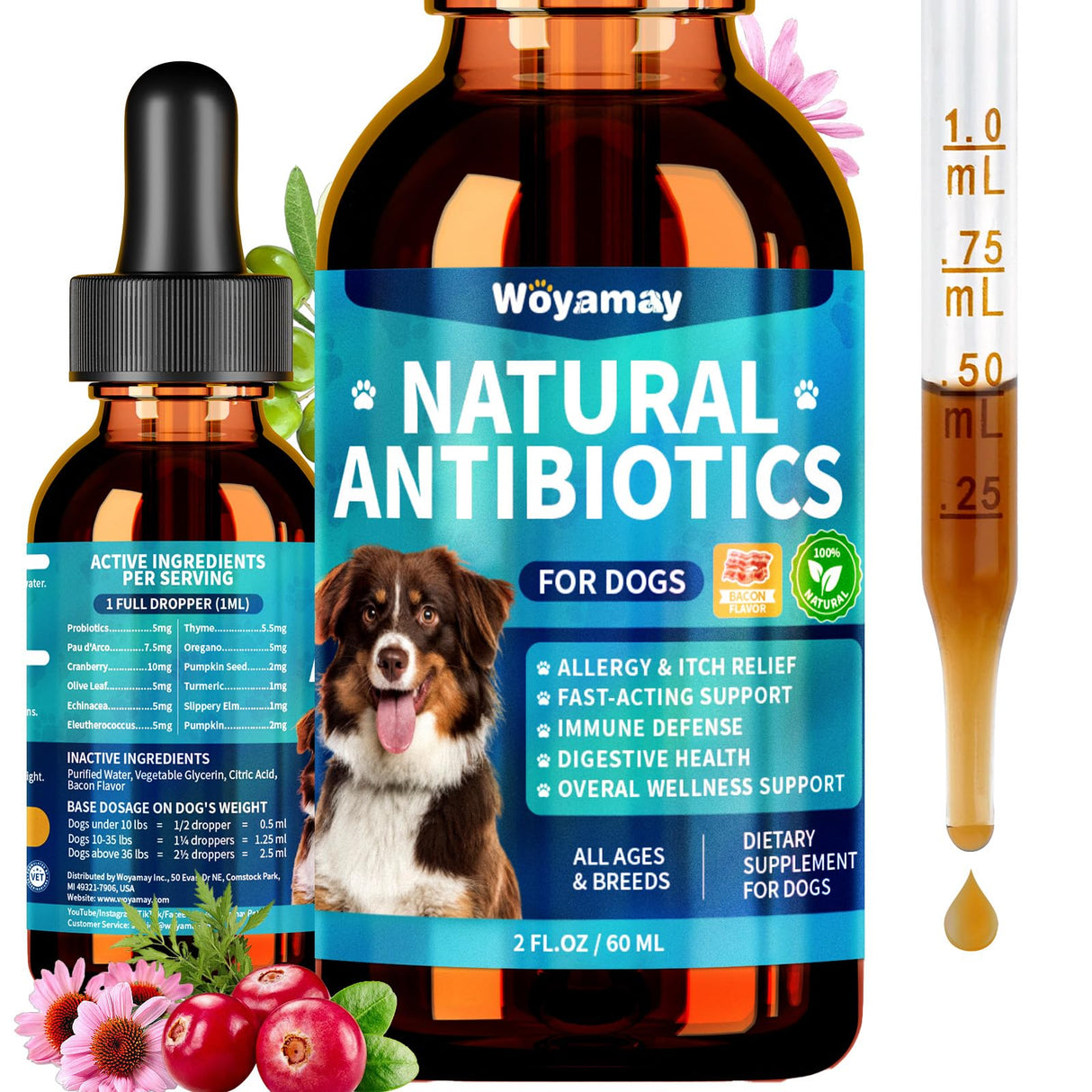 Woyamay Antibiotics for Dogs | Natural Dog Antibiotics for Allergy Relief, Itch Relief, Coughs, Skin Health, Breath Treatment, Digestion | Herbal Supplement to Care for Ears, Eyes & Coat, 2 Fl Oz
