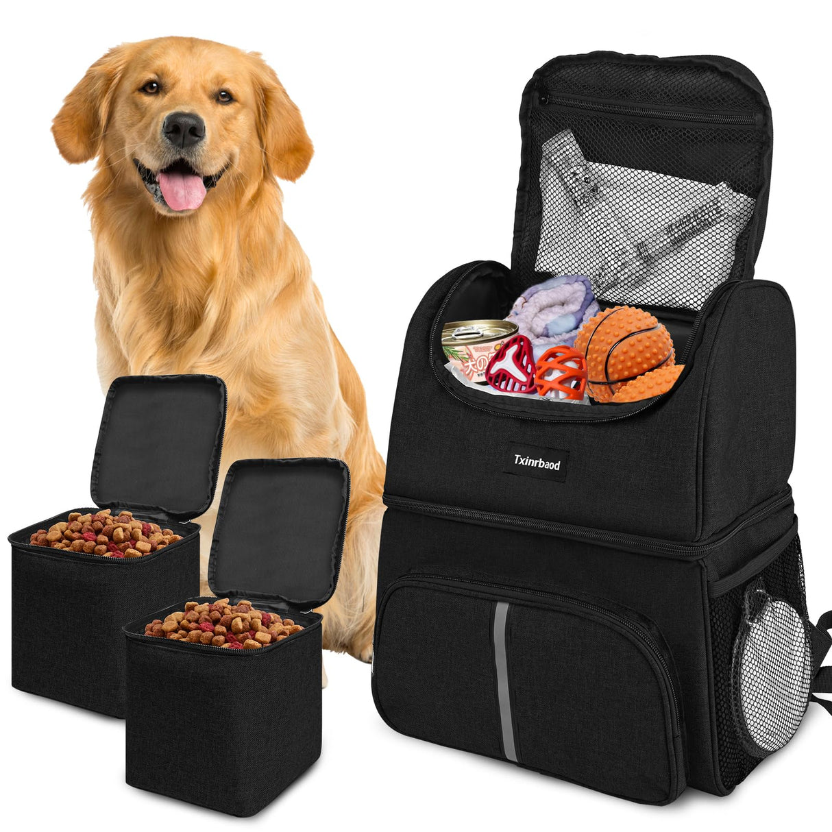 Txinrbaod Dog Travel Bag for Supplies with Food Container Bag Dog Travel Backpack for Hiking Overnight Camping Trip Black
