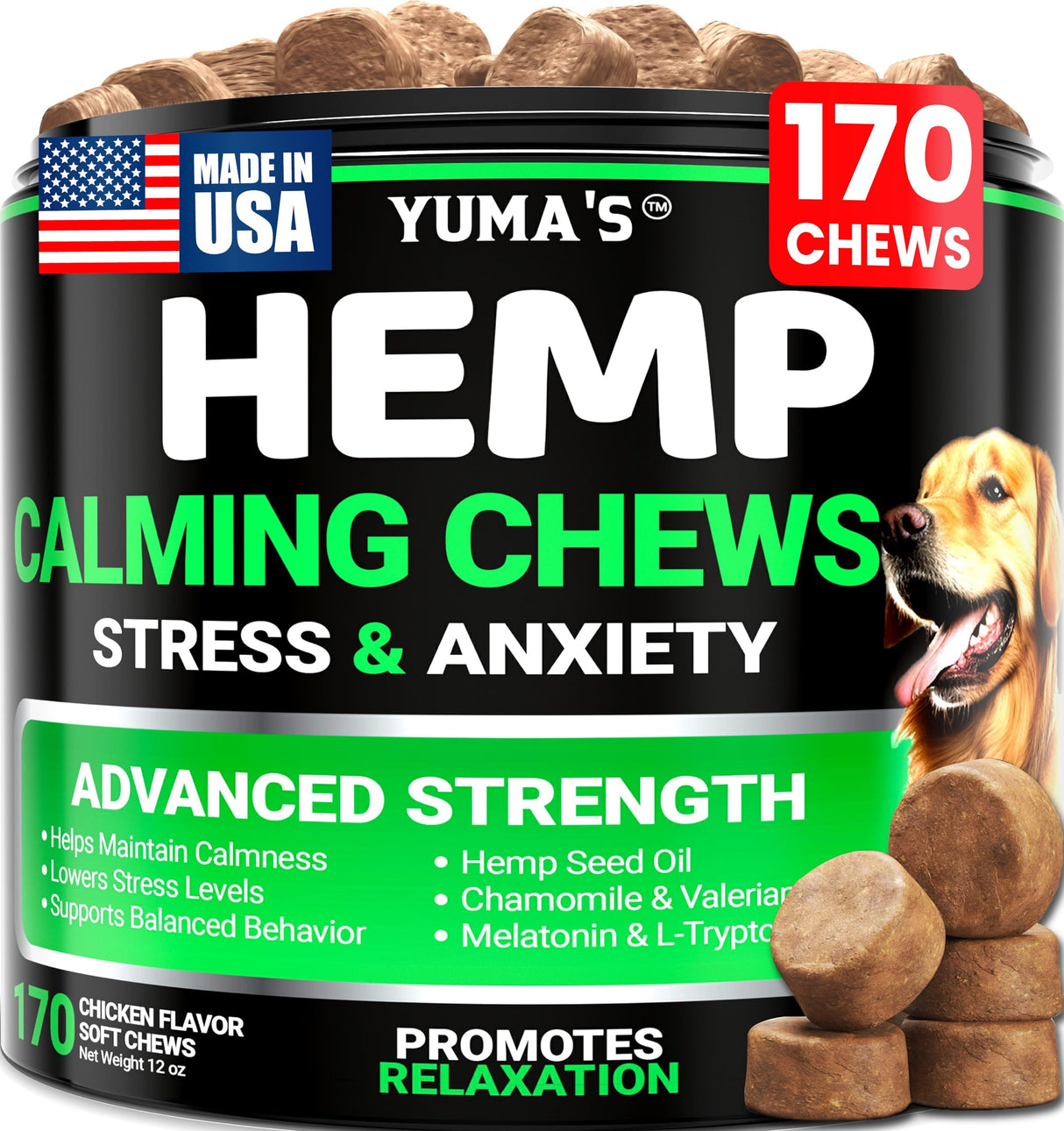 Hemp Calming Chews for Dogs - Advanced Dog Calming Chews - 170 Chews - Anxiety Relief Treats - Separation Aid, Barking, Stress Relief, Thunderstorms - Melatonin - Hemp Oil - Made in USA