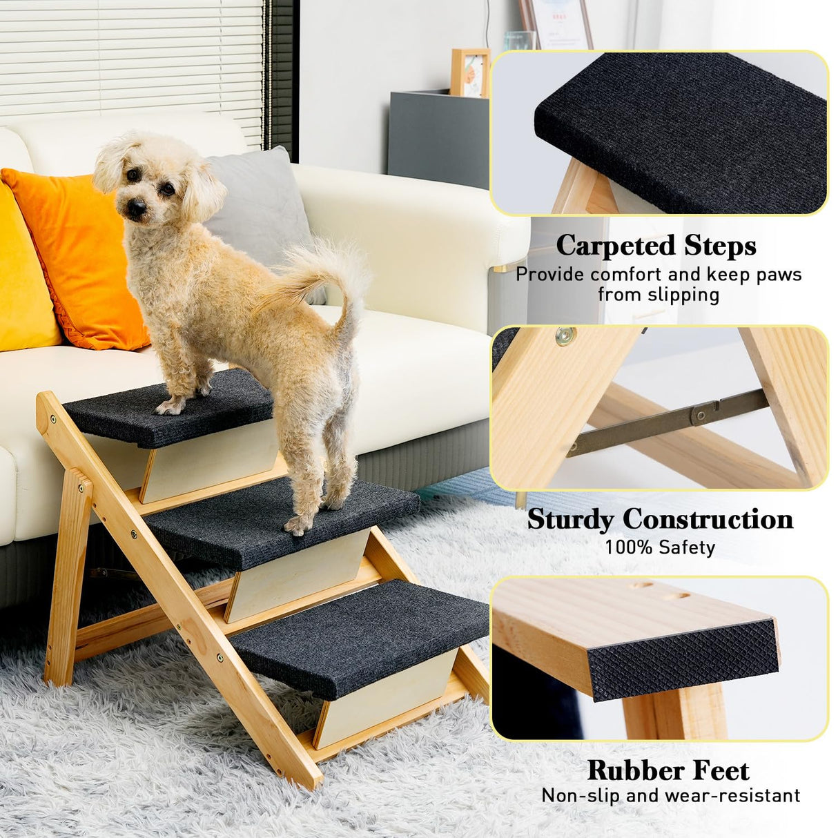 BRIKY 19.5" H Dog Stairs for Small Dogs, Non-Silp Wooden Dog Steps for Bed and Couch, Foldable 3-Step Pet Stairs for Medium Dogs and Old Cats, No Assembly Required