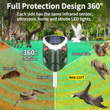 Solar Ultrasonic Animal Repeller, Outdoor 360° Animal Deterrent Solar Dog Chaser, Ultrasonic Solar Powered Animal Repeller Waterproof Animal Repeller Protect Farm for Dog, Cat, Bird, Rabbit, Raccoon
