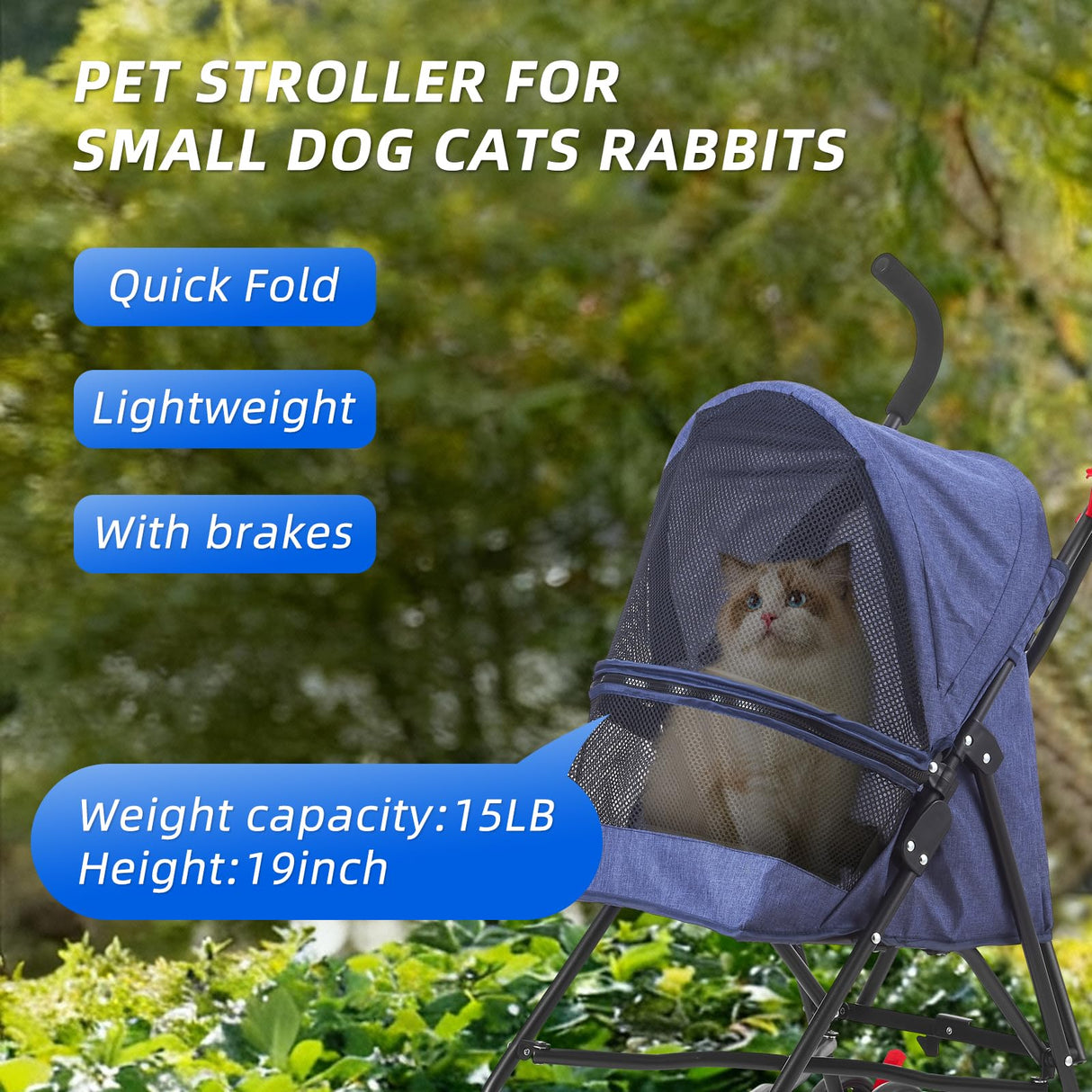 COOLCRAB Pet Stroller Oxford Cloth Foldable Dog Strollers for Small Dogs and Cats Suitable for All Road Surfaces Wide-View Panoramic Window 4 Wheels with Brakes Portable Design, Easy to Store (Blue)
