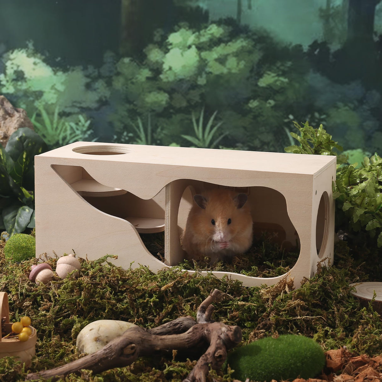Tafit Hamster Hideout Wooden House Chamber Small Animals Pets Tunnel Exploring Toys Secret Peep Shed for Dwarf Hamsters, Syrian Hamsters, Gerbils, Hedgehogs, Rats, Mice (Living Room)