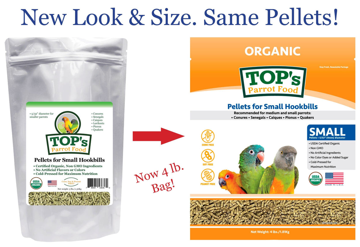 TOP's Parrot Food Bird Pellets for Small Hookbills - Non-GMO, Peanut Soy & Corn Free, USDA Organic Certified (4lbs)