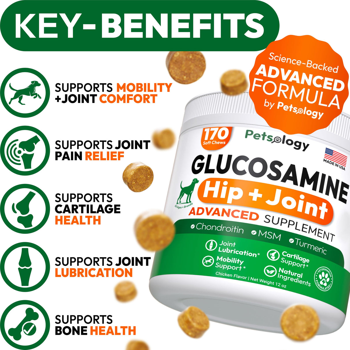 Petsology Glucosamine for Dogs - Hip and Joint Supplement for Dogs - 170 Mobility Chews - Glucosamine Chondroitin - MSM - Turmeric - Joint Pain Relief - Advanced Support for Dog Health - Made in USA