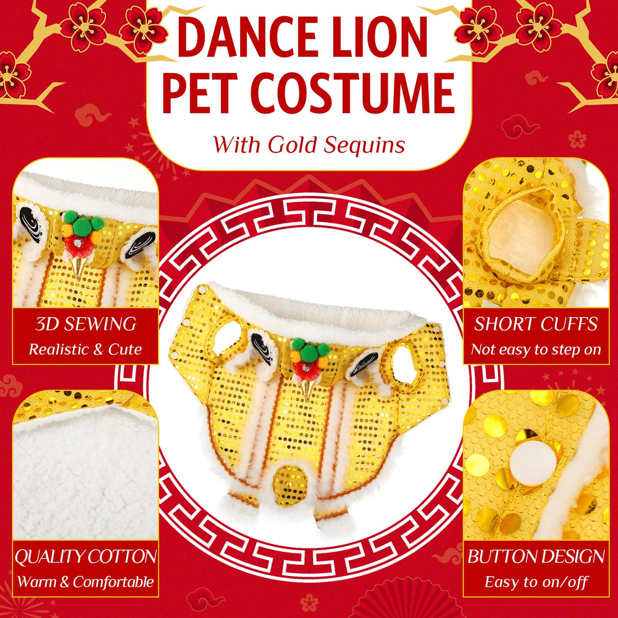 LEIFIDE Lion Dance Dog Costume Chinese New Year Pet Costume with Sequins Chinese Lion Dance Cloth Dog Clothes Hoodies Coat for pet New Year Spring Festival Dress up(2X-Large,Gold)