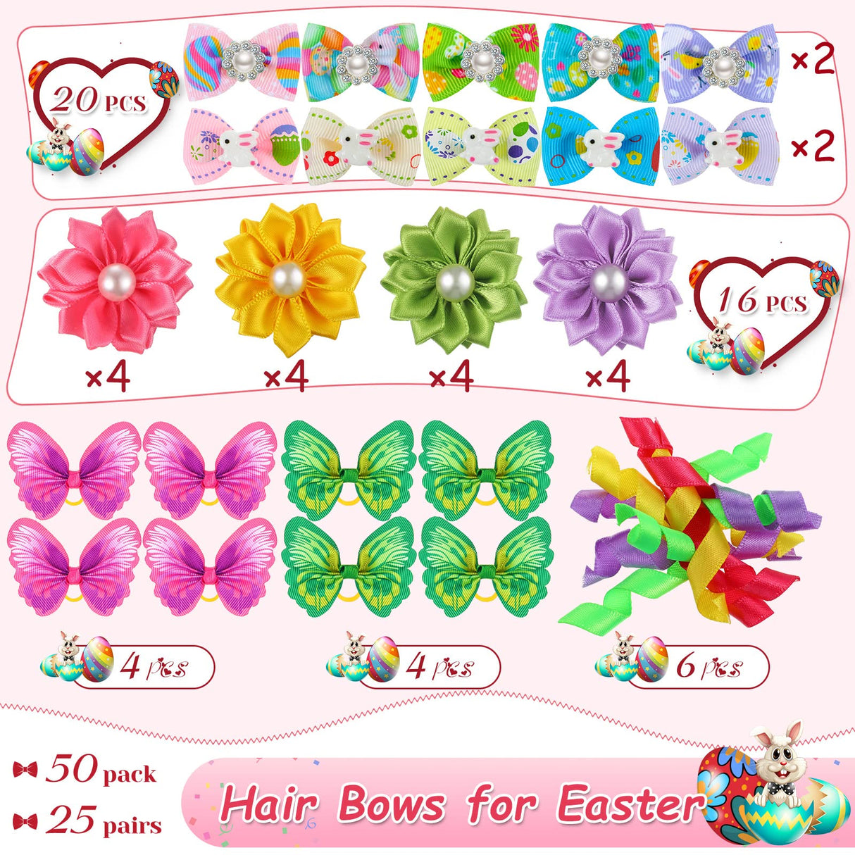 MTLEE 50 Pcs Easter Dog Bows Dog Hair Bows Bulk Easter Grooming Cute Rabbit Pattern with Rubber Bands Puppy Yorkie Cat Bunny Butterfly Topknot Rhinestone Pearl Girl Accessories