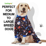 LovinPet Large Big Dog Pajamas - Anxiety Calming Dog Onesie, Pet Pajamas for Dogs, Lightweight Stretchy 4 Legged Style Large Dog Jammies, Space Animals Black Print, Pet Pjs,Black XL