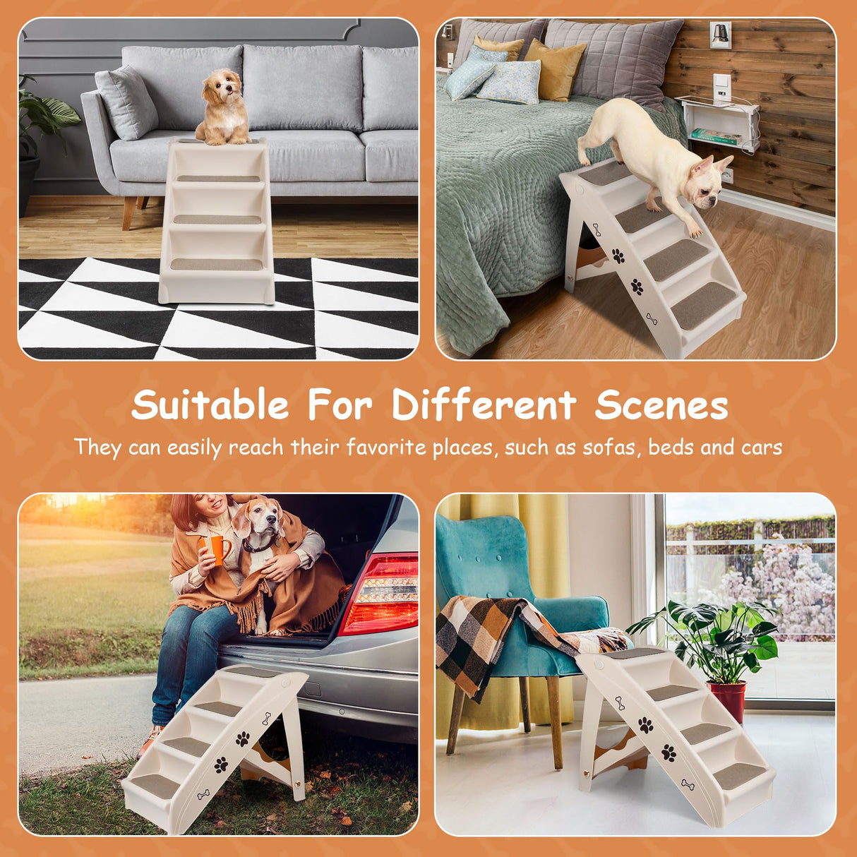 20" H 4-Step Dog Stairs for Small Dogs and Cats, Non-Slip Dog Steps for High Beds, Couch, Sofa, Sturdy Pet Steps (Tan)
