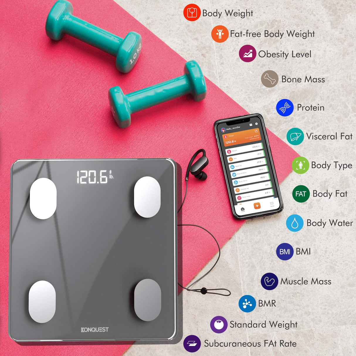 Konquest Premium Smart Digital Bathroom Scale, Wireless Bluetooth, BMI, Body Weight, Body Fat, Body Composition Analyzer with Smartphone App (400 lbs) - COOL GRAY