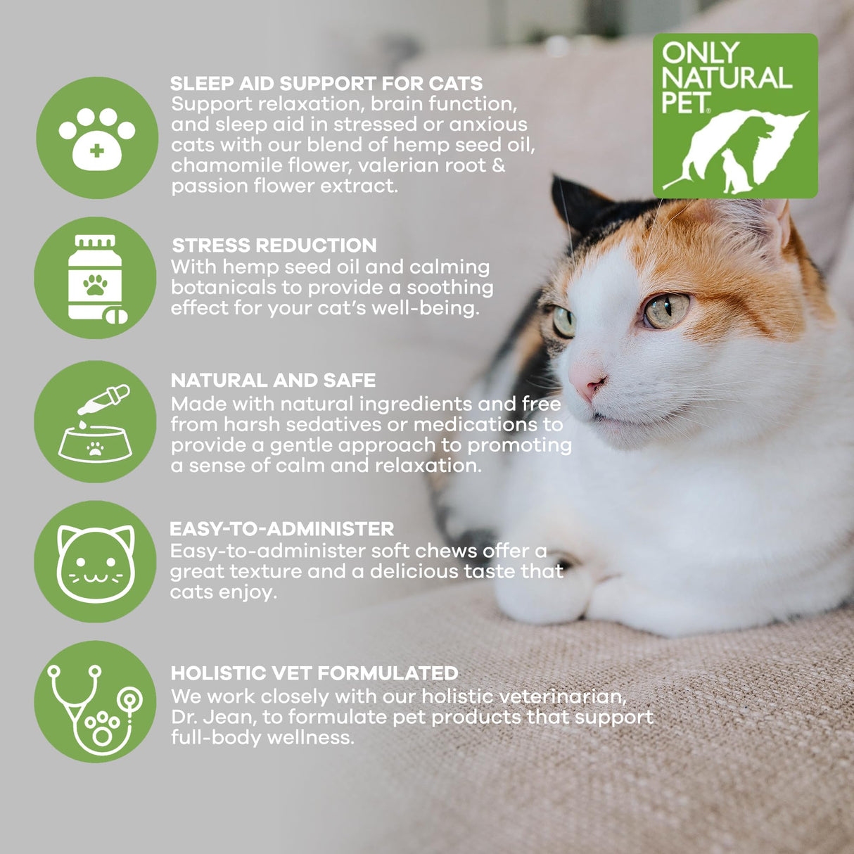 Only Natural Pet Calming Hemp Soft Chews - Relaxation Composure Sedative Tranquilizer Treats for Cat Stress Reduction w/Soothing Botanicals Supports Sleep Aid Quiet Travel Chill Vet Visit - 60 Count