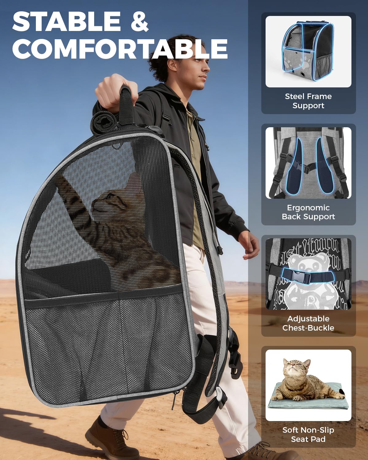 MOYSOON Cat Carrier Backpacks for Kitty Small Dog up to 15 lbs, Lightweight and Foldable Dog Backpack Carrier with Breathable mesh for Travel, Walking, Hiking, Camping and Vet (Grey)