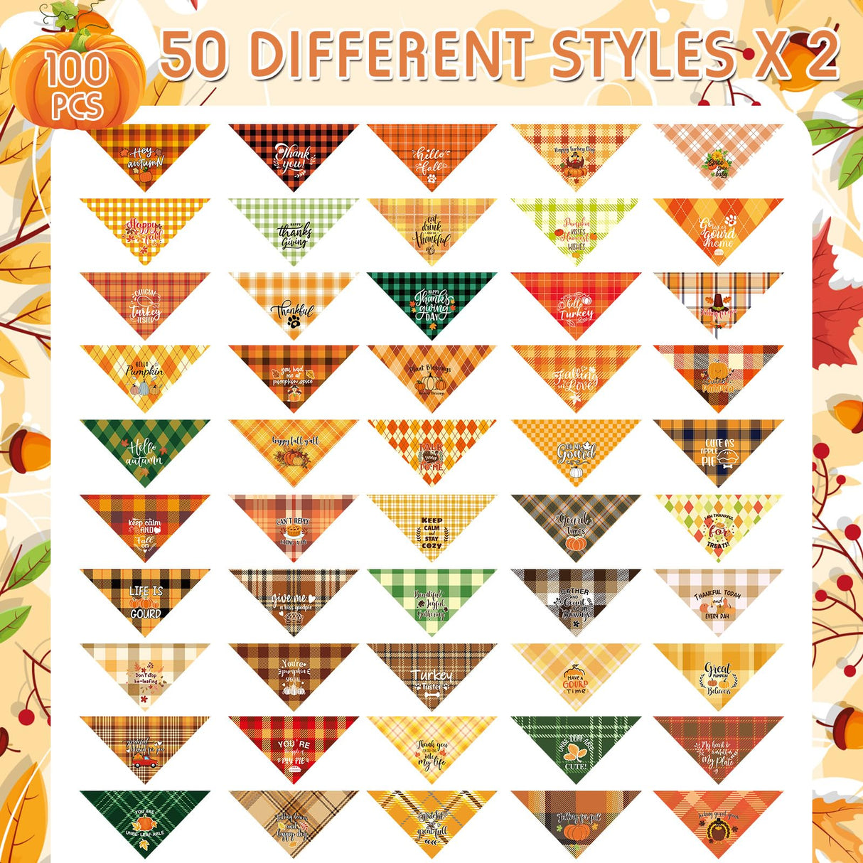 Sweetude 100 Pcs Fall Dog Bandanas Bulk Plaid Bandanas for Dog Autumn Thanksgiving Pet Scarf Bibs Adjustable Triangle Kerchief Grooming Supplies Pet Costume for Small Medium Large