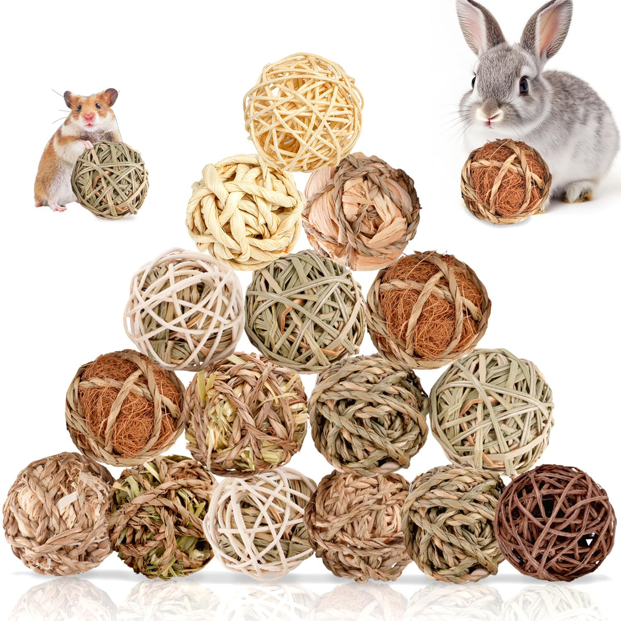 Sofier Rabbit & Guinea Pig Toys 16 Pcs Chew Grass Balls Natural Chews for Rodents - Handmade Enrichment Treats for Chinchillas, Guinea Pigs