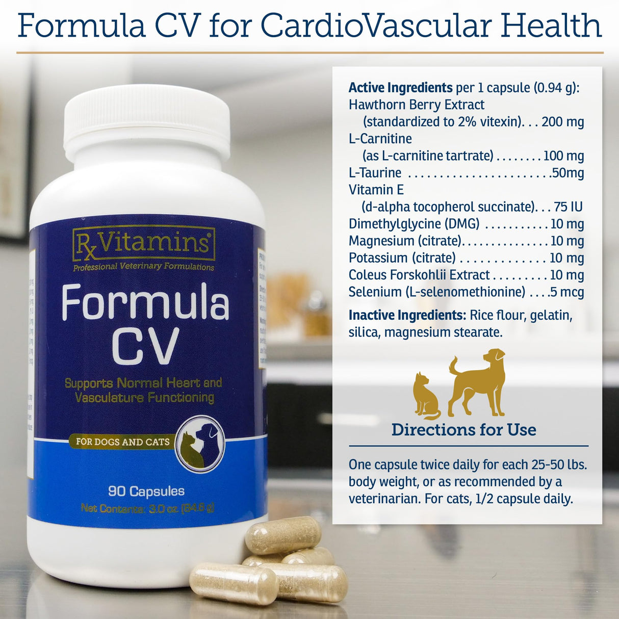 Rx Vitamins Formula CV - Hawthorn Berry Capsules with Taurine for Dogs & Cats - Heart Health Supplements Enhanced with Magnesium and Potassium - Senior Dog Vitamins and Senior Cat Vitamins - 90ct