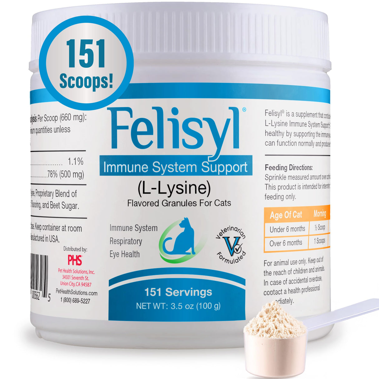 Felisyl L-Lysine Granules for Cats 100g (3.5 oz, 310 Servings) – Supports Immune, Respiratory, and Eye Health. Eases Sneezing, Runny Nose, and Watery Eyes. Tasty Salmon Flavor - Made in The USA