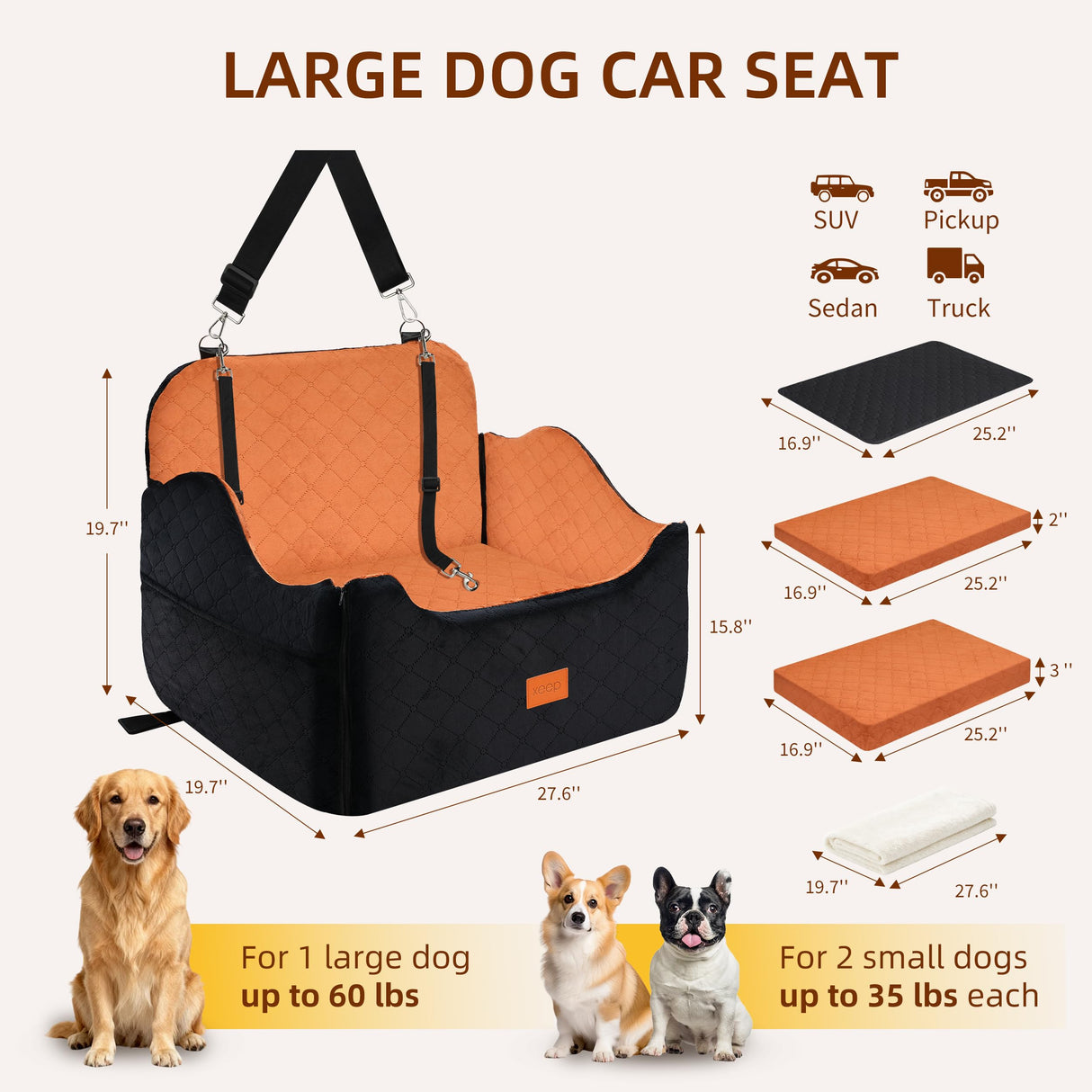 XEEP Dog Car Seat for Medium/Large Dogs Up to 60lbs, Dog Booster Seat with Memory Foam Cushion, Washable Pet Car Seat with Safety Belt & Pee Pad & Blanket, Fits in Back Seat(Black/Brown)
