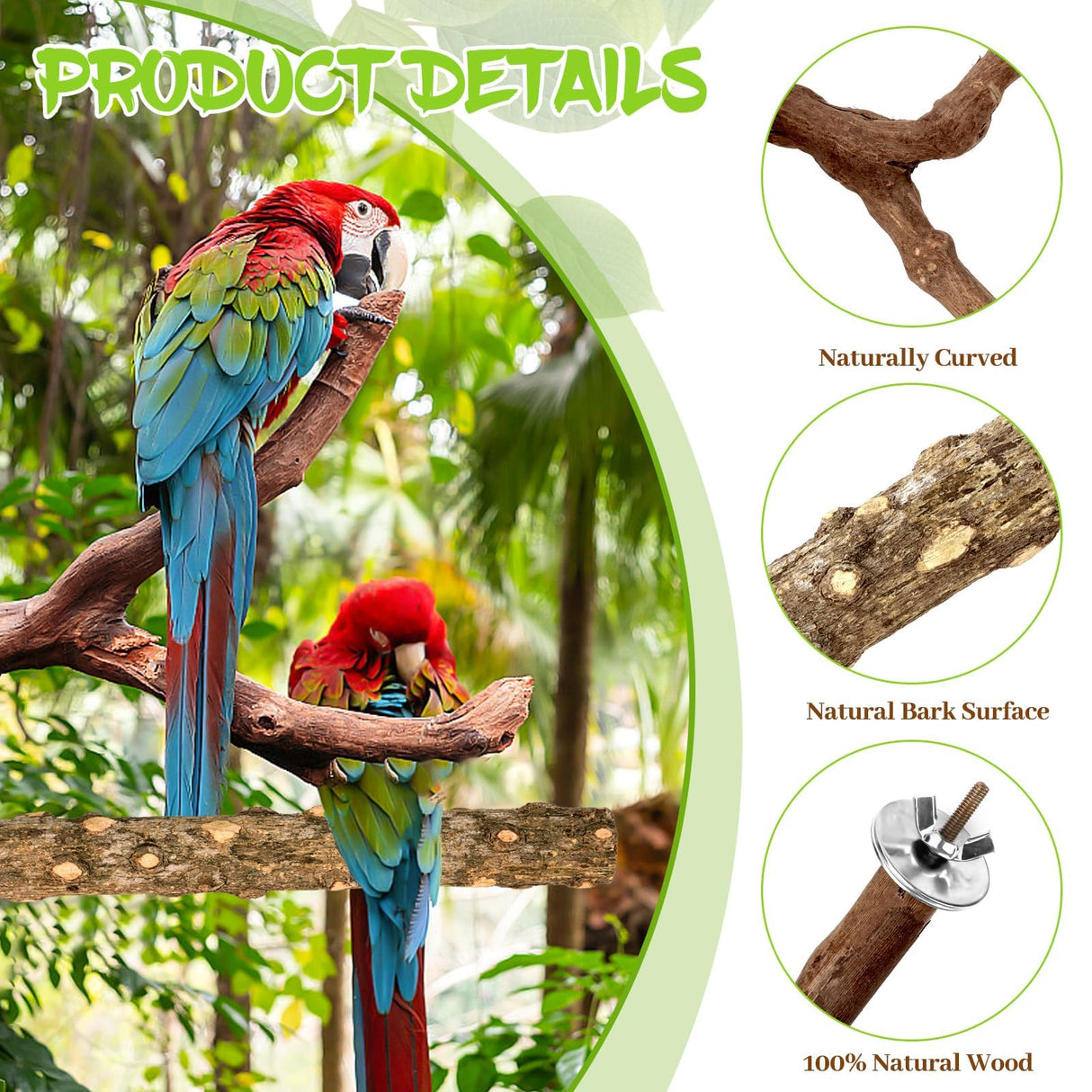 CZWESTC 8PCS Natural Grape Wood Bird Perch Set - Parrot Cage Stand with Paw Grinding Forks, Chewing Sticks & Exercise Branches for Parakeets, Cockatiels, Conures, Budgies, Finches
