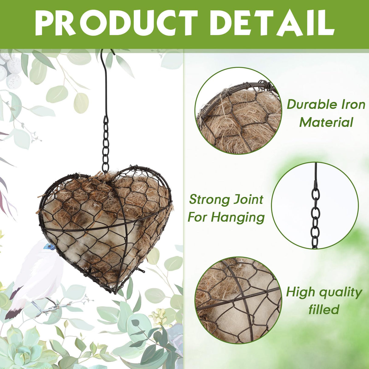 Menkxi 2 Pcs Nesting Material Bird, 9 x 7 Inch Hummingbird Nest House Bird House for Outside, Gift Design for Animal Lovers, Winter Fowl Gifts in Indoor Patio Garden (Heart Shaped)