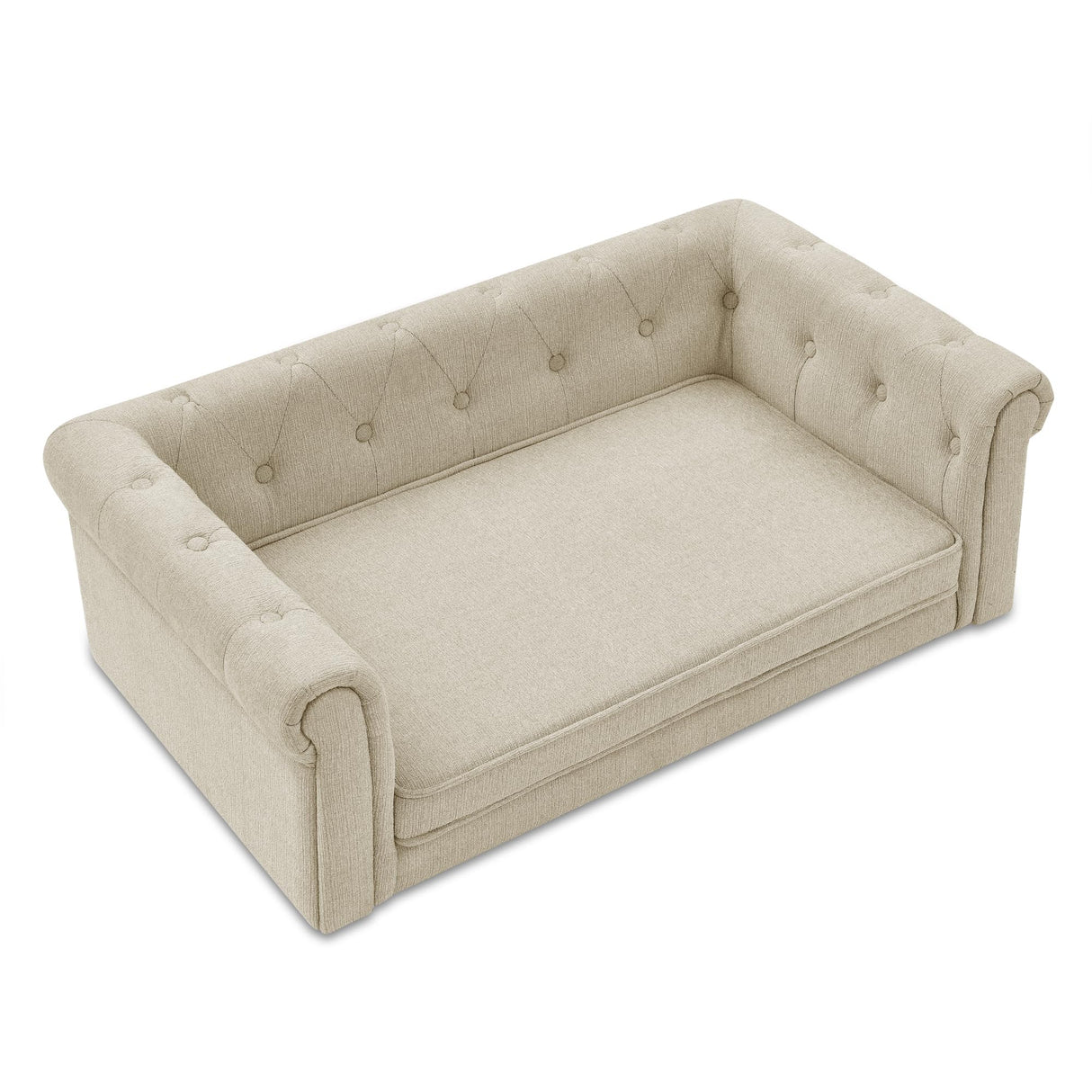 KrenzhHome Elevated Dog Sofa with Backrest and Armrests, Button Tufted Dog Couch Bed with Soft Cushion for Medium Dogs, Stylish Lounging Bed Pet Couch Chair, 60Lbs Weight Capacity, Beige