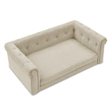 KrenzhHome Elevated Dog Sofa with Backrest and Armrests, Button Tufted Dog Couch Bed with Soft Cushion for Medium Dogs, Stylish Lounging Bed Pet Couch Chair, 60Lbs Weight Capacity, Beige