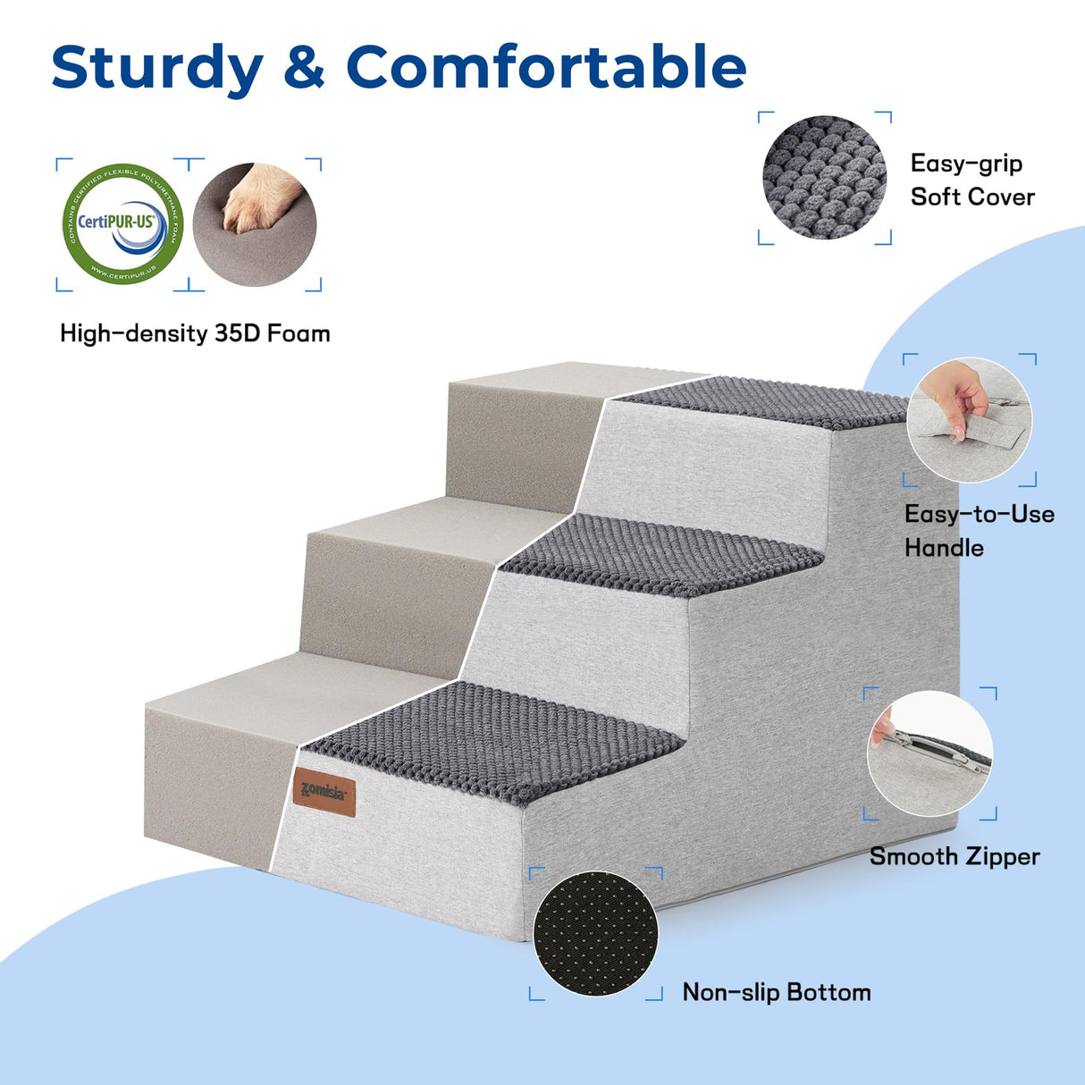 ZOMISIA Dog Steps for Couch - Extra Wide Pet Stairs for Small Dogs and Cats, Dog Steps with Non-Slip Bottom Grey 3 Steps, Grey