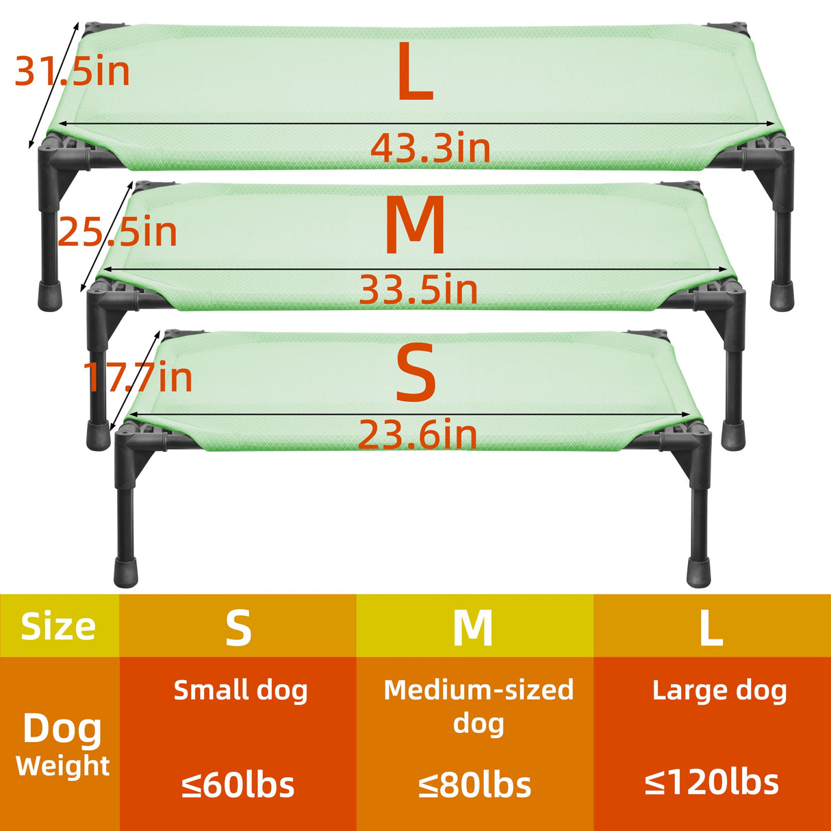 Soft Mesh Elevated Pet Bed for Large Medium Dogs Outdoor Resting Cot with Water-Resistant, Air-Permeable, Cooling and Anti-Skid Portable Dog Bed, Up to 120 lbs, 43.2" L x 31" W x 7.5" H, Green