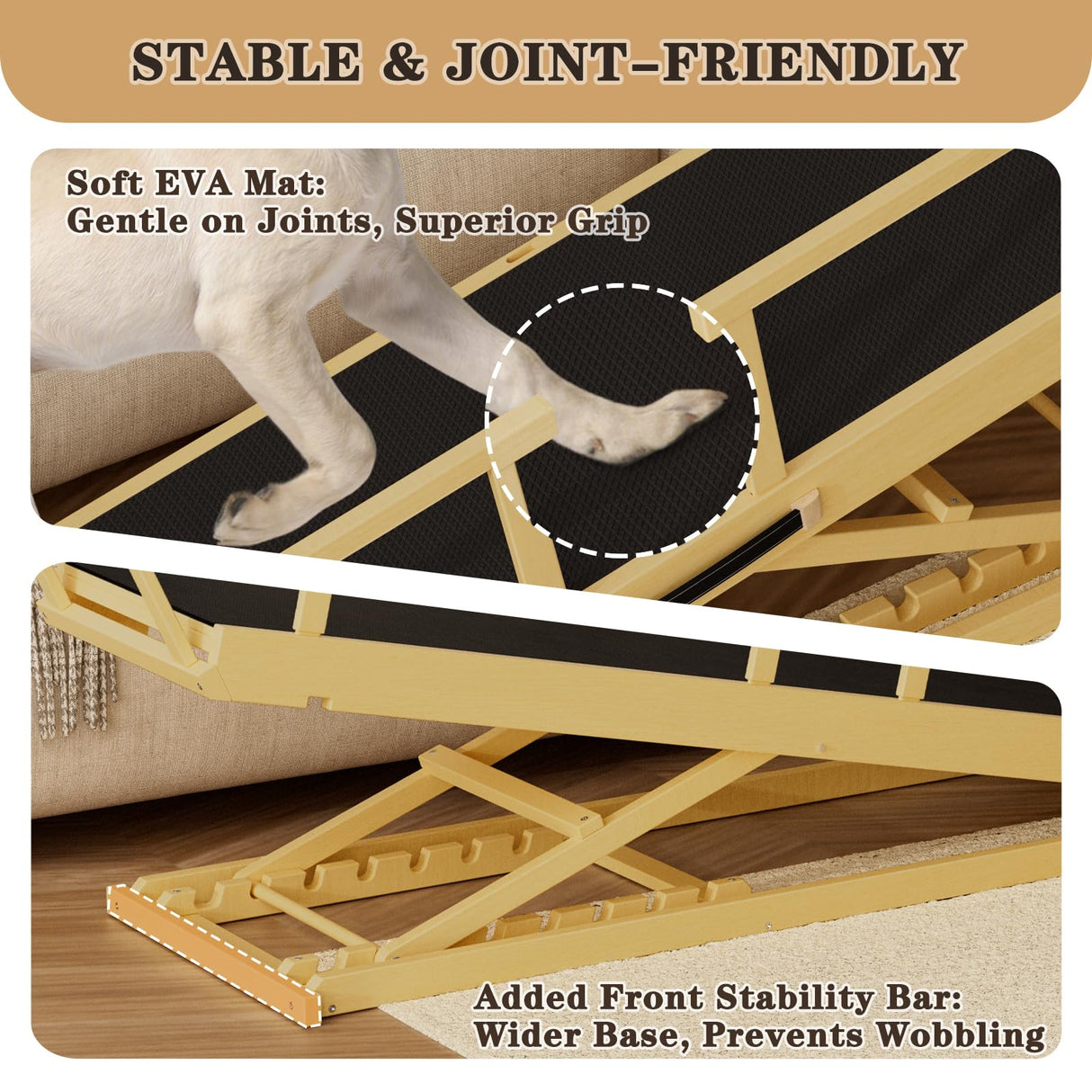 ZENTAVO Dog Ramp for Bed - 7-Level Adjustable (13"-37") Birchwood Dog Ramp for High Bed, Couch, 60" Foldable with Rails for Large Dogs, Non-Slip EVA Mat, DIY Glow Strips, Wooden Ramp Support 200 Lbs