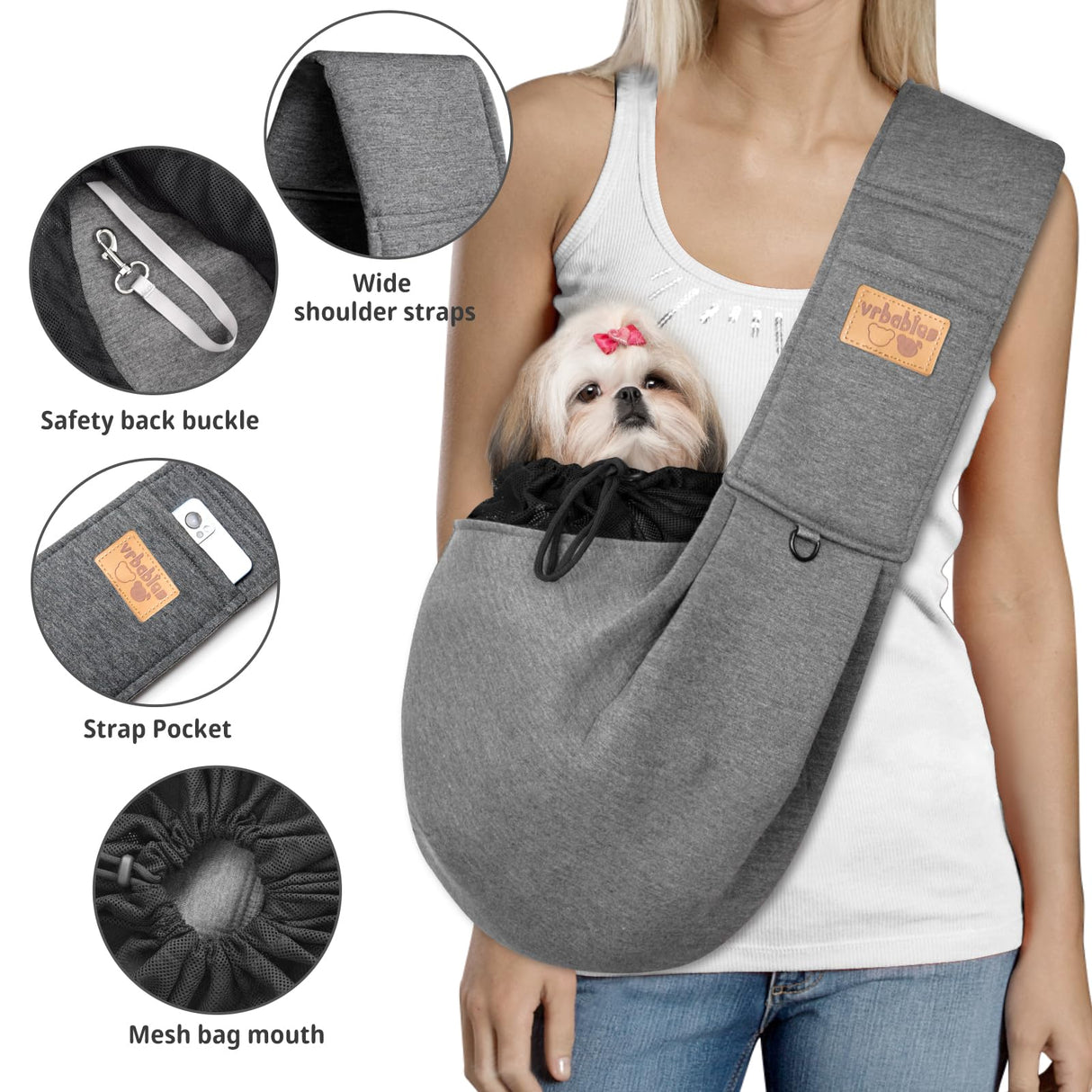 vrbabies Dog Sling Carrier for Small Dogs, Soft Adjustable Wide Strap Pet Dog Bag with Safe Mouth, Hand Free Front Carrying Puppy Cat Dog Kangaroo Pouch Carrier for Traveling