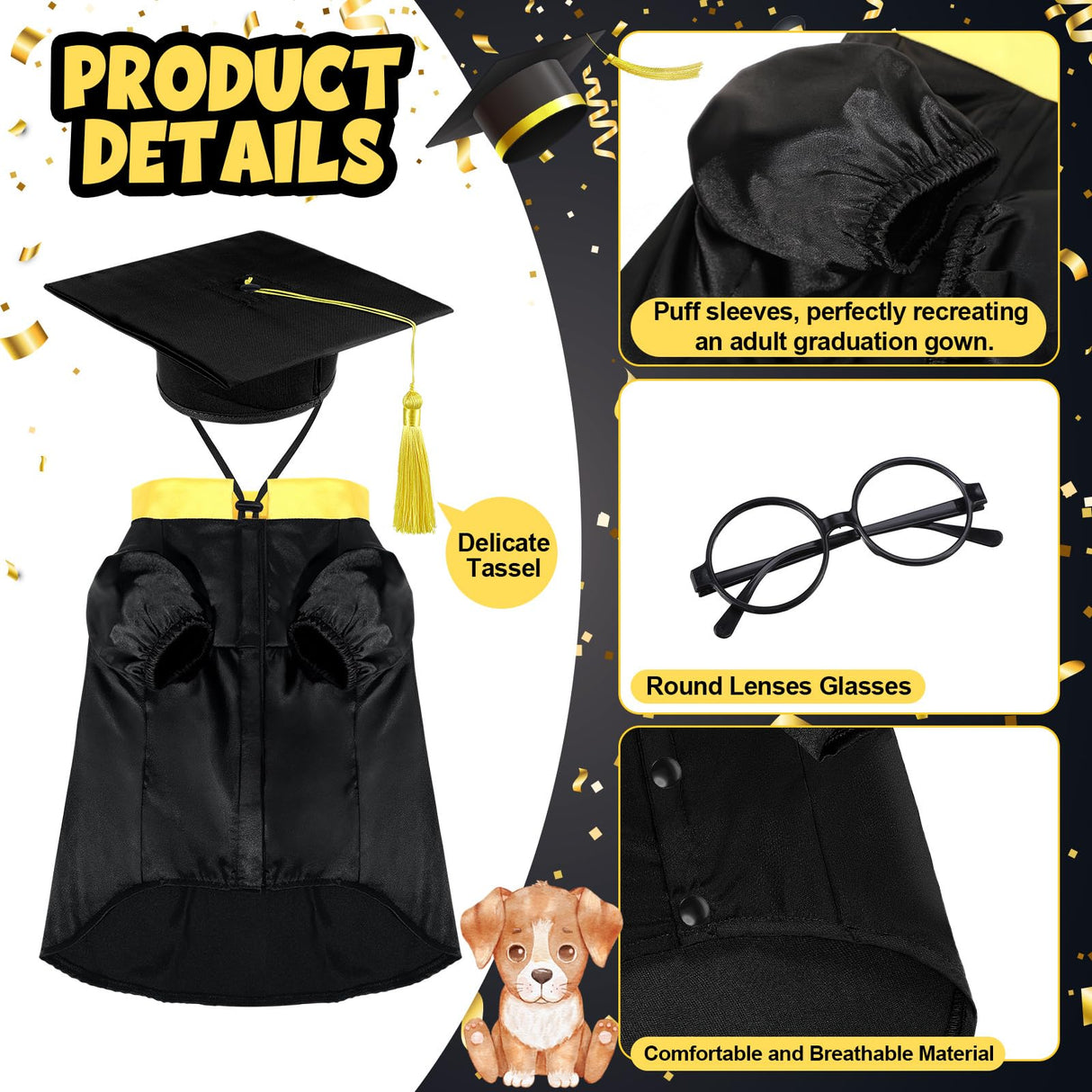 Huhumy 3 Pcs Dog Graduation Costume Set Include Pet Graduation Gown Adjustable Puppy Grad Cap with Gold Tassel Lensless Glasses for Dogs Cats Holiday Costume Accessory(Black,XL)