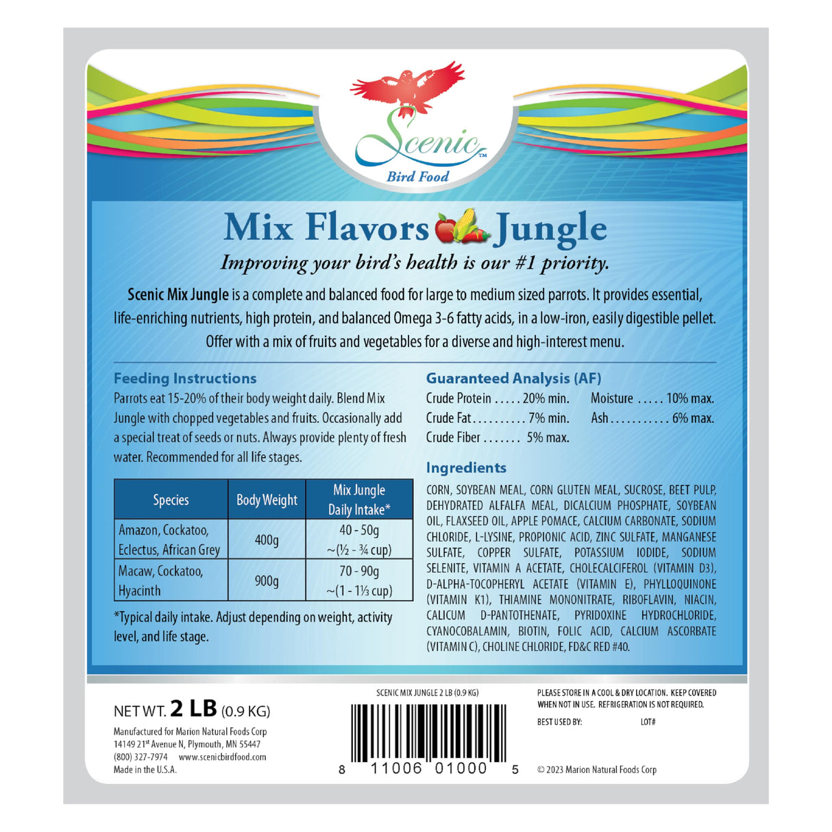 Scenic Mix Jungle Premium Parrot Food - Apple & Natural Flavors, High Protein, Low Iron Bird Pellets for Large Parrots, Macaw Food, Cockatoo, African Grey Parrots, Omega 3, Vitamins, Minerals, 2 LB