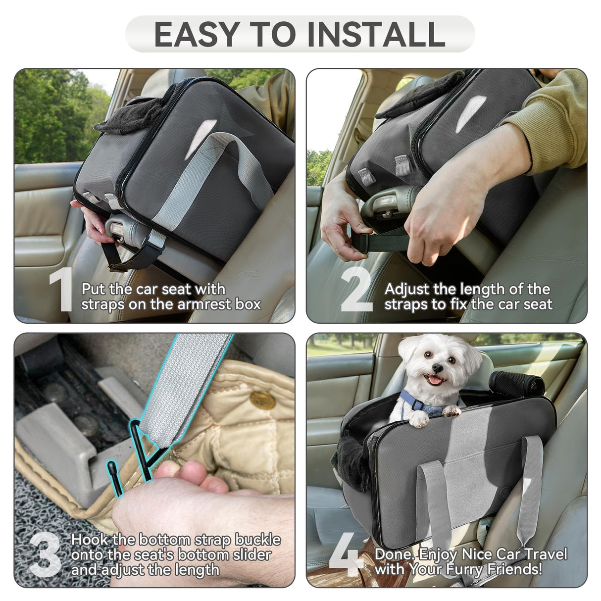 PETSFIT Multipurpose Center Console Dog Car Seat, Airline Approved Dog Car Carrier with Safety Tether and Pockets, Portable Cat Car Seat, Dog Car Seats for Small Dogs, Cats Up to 9 LBS (Deep Grey)