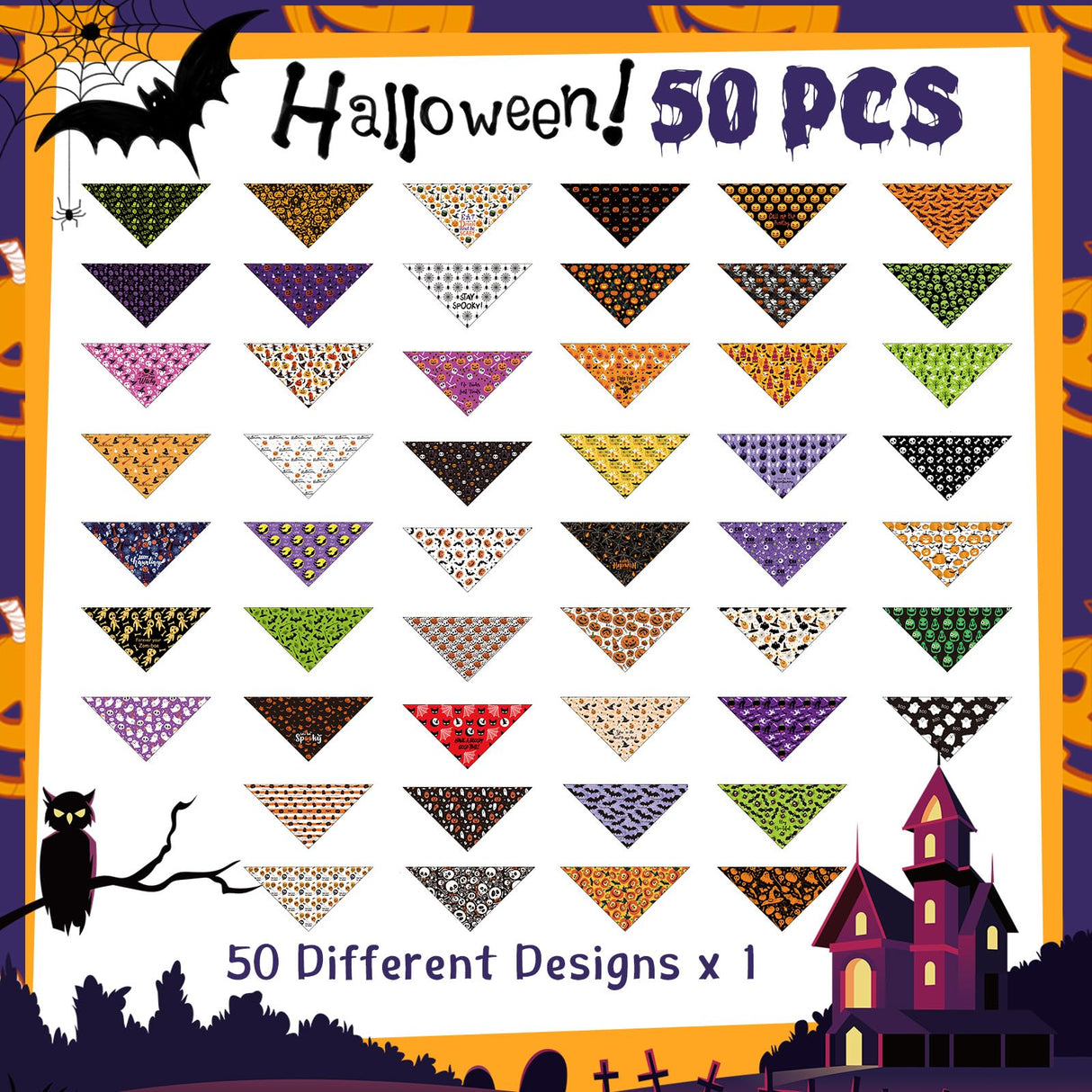 Abbylike 50 Pcs Halloween Dog Bandanas Bulk Pet Scarfs Triangle Bibs Adjustable Washable Puppy Kerchief Seasonal Pet Costume Accessories Grooming Supplies for Small Medium Large Dogs Cats