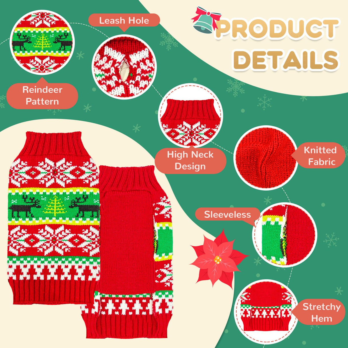 ABRRLO Dog Christmas Sweater Xmas Dogs Outfits New Year Holiday Costumes Puppy Cat Sweater with Leash Hole for Small Medium Large Dogs Girl Boys Dog Clothes (11-Red Green Reindeer, XX-Large)