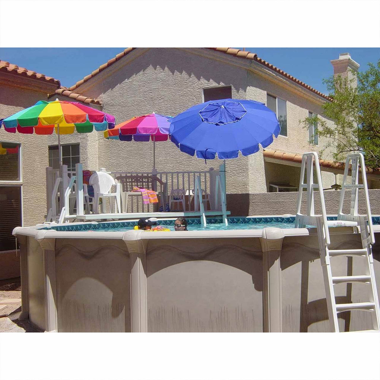 Vinyl Works SLA A-Frame 48 to 56 Inch Adjustable Above Ground Swimming Pool Ladder Entry System with Slide Lock Barrier and Handrails, White