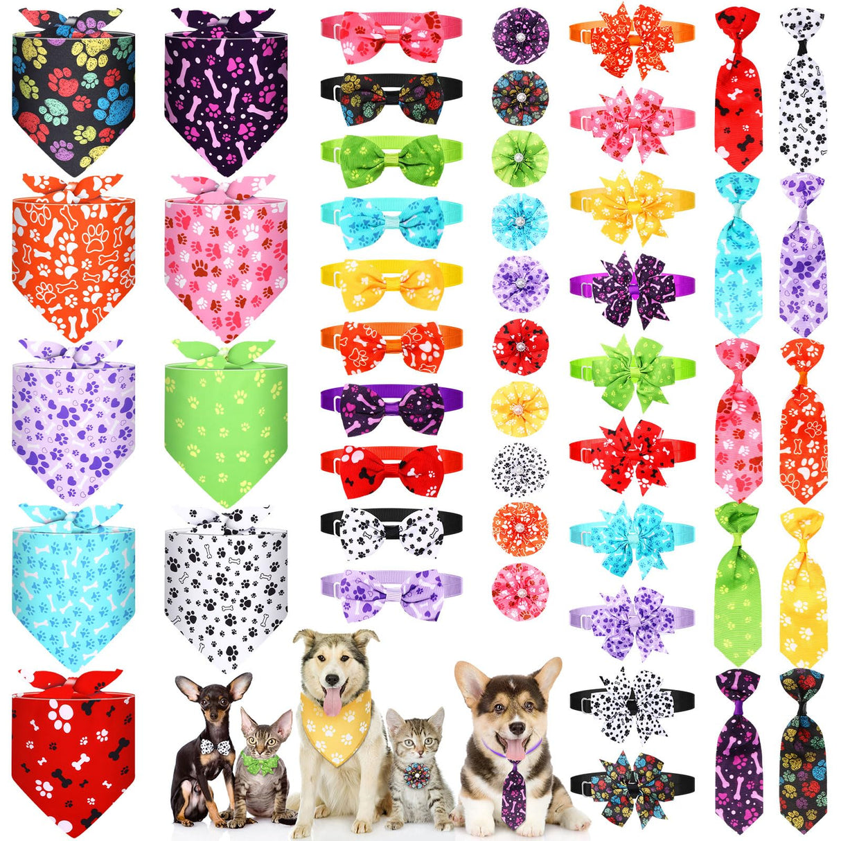 Hosuly 50 Pcs Paw Bone Print Dog Bandana Collar Set Value Package Includes Dog Bow Tie Necktie Collar Pet Scarf Bow Flowers Hexagonal Bowtie Cat Grooming Accessories for Pet Festival Photography