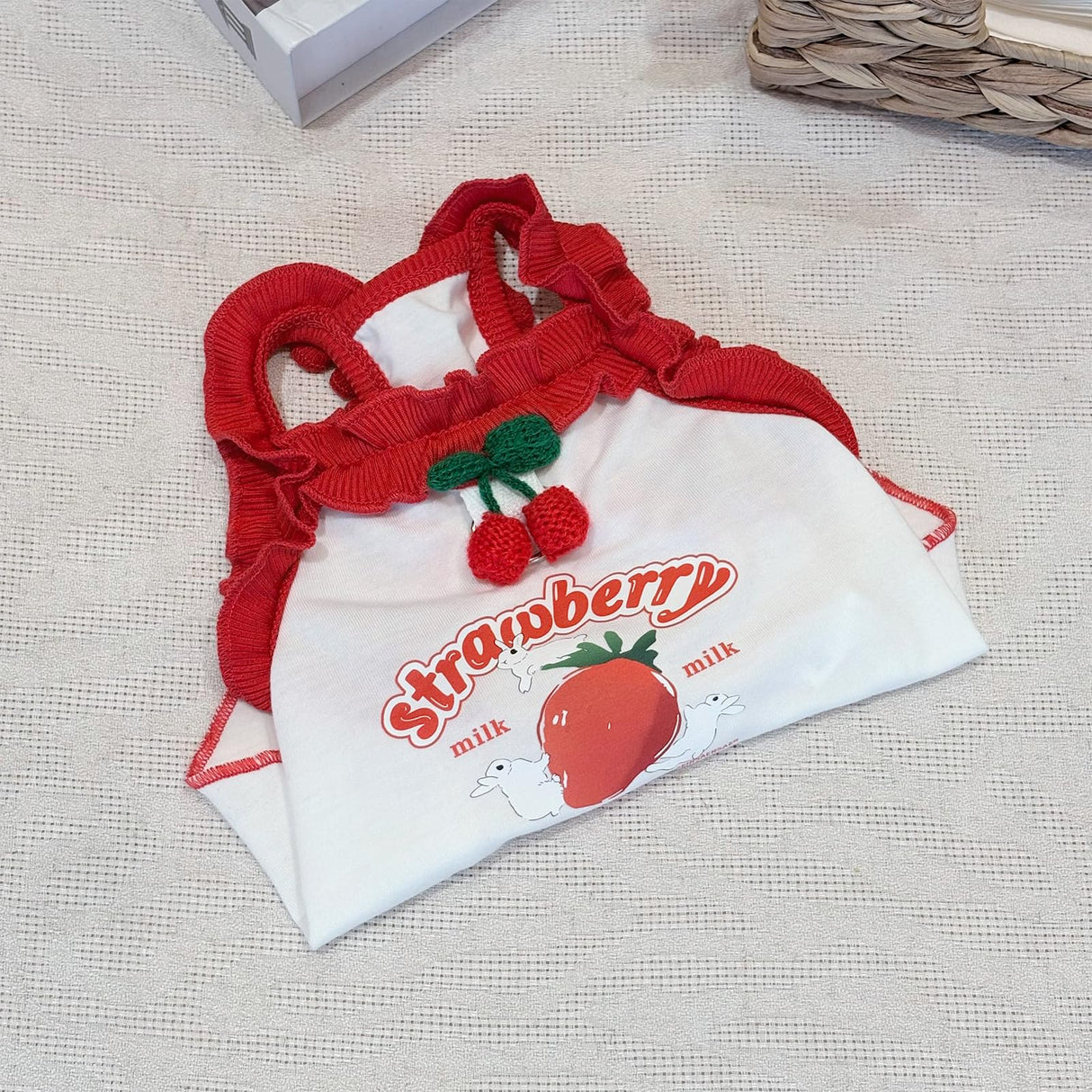 Cute Strawberry Dog Tank Top, Ruffled Edge Pet Clothes for Small Dogs Cats, Adorable Puppy Apparel with Cherry Decoration (XX-Large)