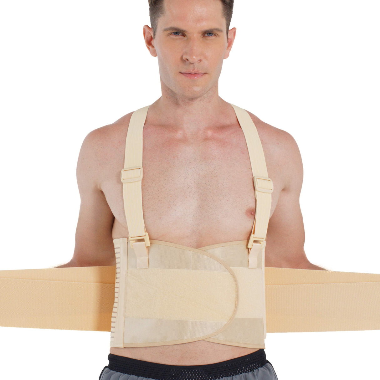 NeoTech Care Adjustable Back Brace Lumbar Support Belt with Suspenders, Black, Size S